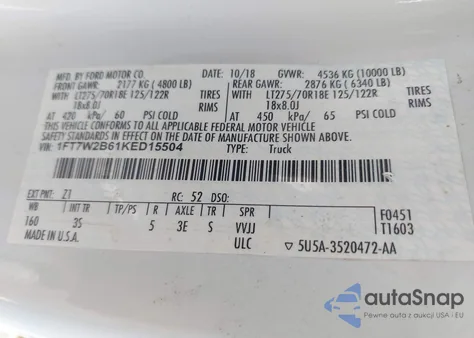 2019 Ford F-250 Xlt z USA, uszkodzony, nr VIN 1FT7W2B61KED15504